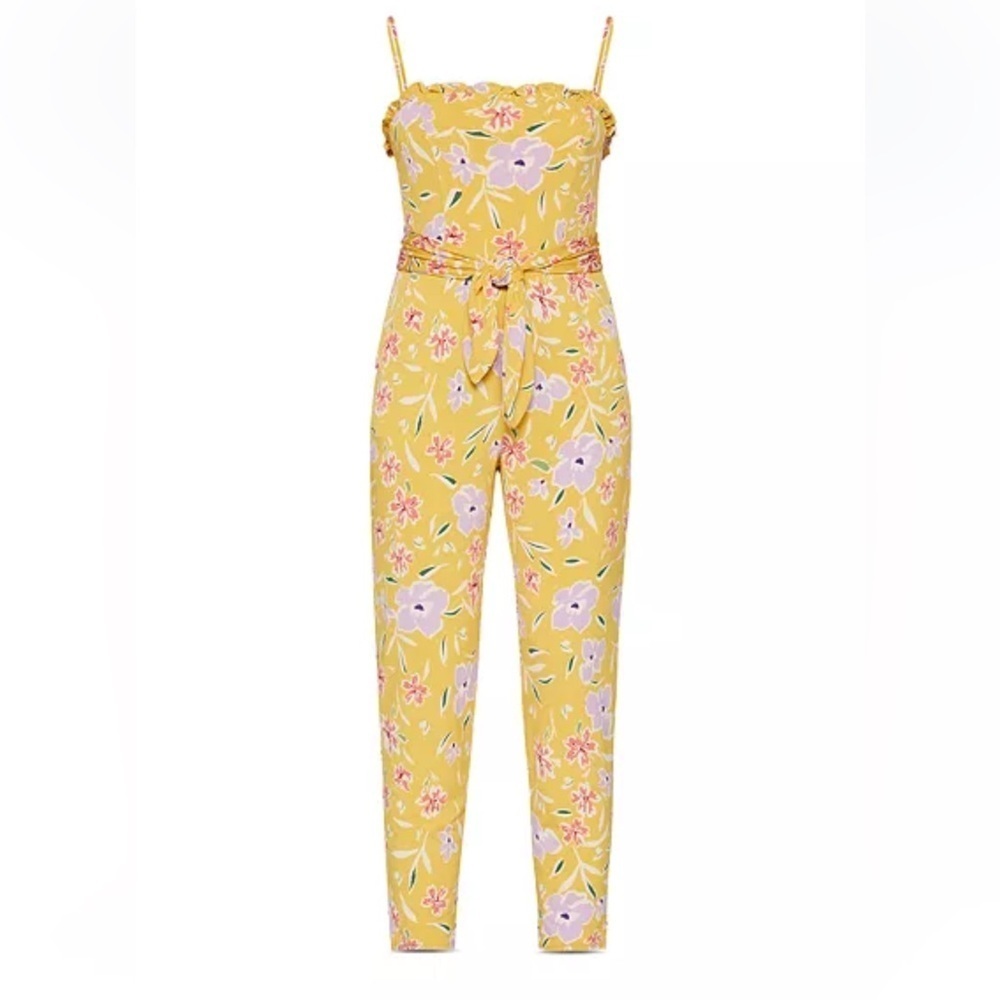 BCBGeneration Floral Colorful Jumpsuit with Square Neck and Ruffle Trim XXS
